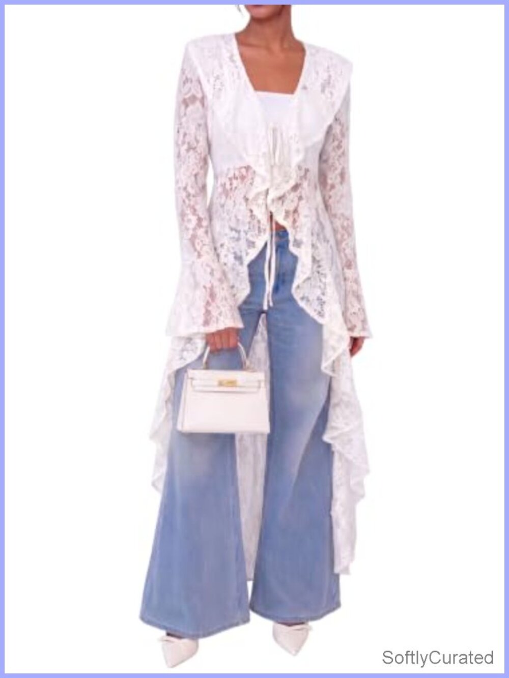 Women's Lace Maxi Cardigan Open Front Tie Bell Sleeve Ruffled Swimsuit Cover Up